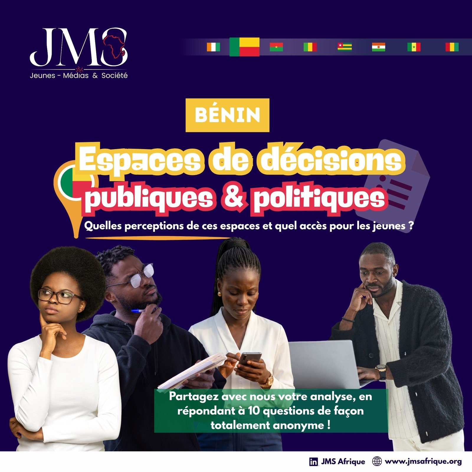 Jeunesse, politique et gouvernance publique : JMS Afrique lance une étude de perception sur l'accès des jeunes béninois aux espaces de décisions publiques et politiques